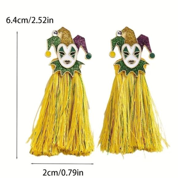 Mardi Gras Jester Fringe Earrings Purple Tassel Carnival Pierced Studs Dangle - Picture 3 of 4
